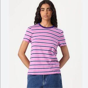 GAP Striped Short Sleeve Crewneck Classic Cotton Tee Women’s XS in Budding Lilac